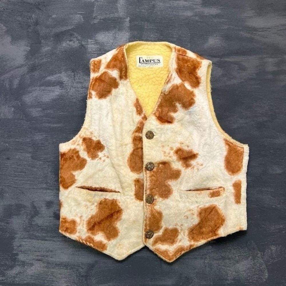 Vintage Campus Vest Mens Medium White 1960s Sherpa Cow Print Animal